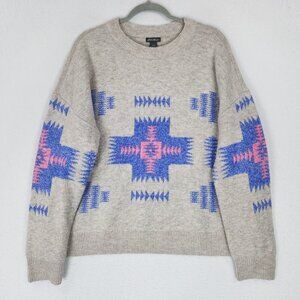 Eddie Bauer Sweater Womens Large Tan Blue Aztec Crew Neck Pullover Classic